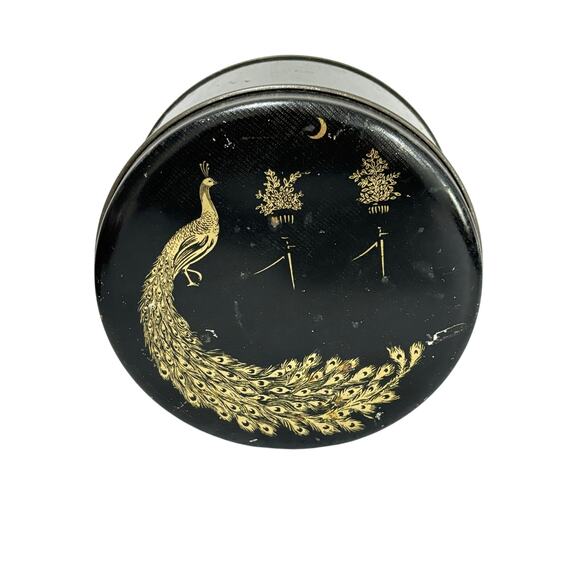 Vintage candy cookie biscuit tin black & gold peacock motif Art Deco storage - Picture 1 of 7